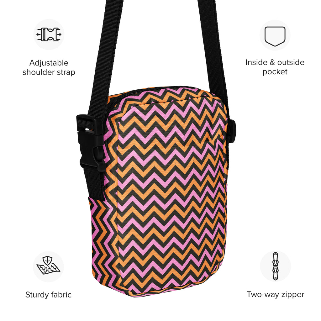 Pink & Orange Chevron Halloween Crossbody Bag – Water Resistant Mini Purse With Adjustable Strap & Pockets