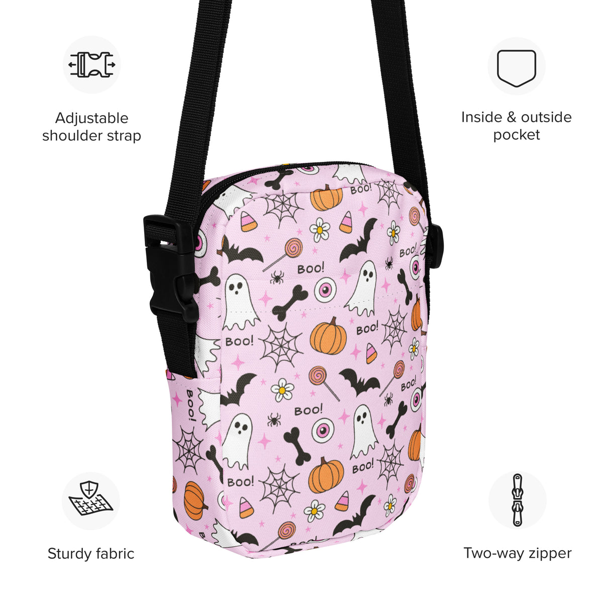 Girls Pink Spooky Halloween Crossbody Bag – Water Resistant Mini Purse With Adjustable Strap & Pockets