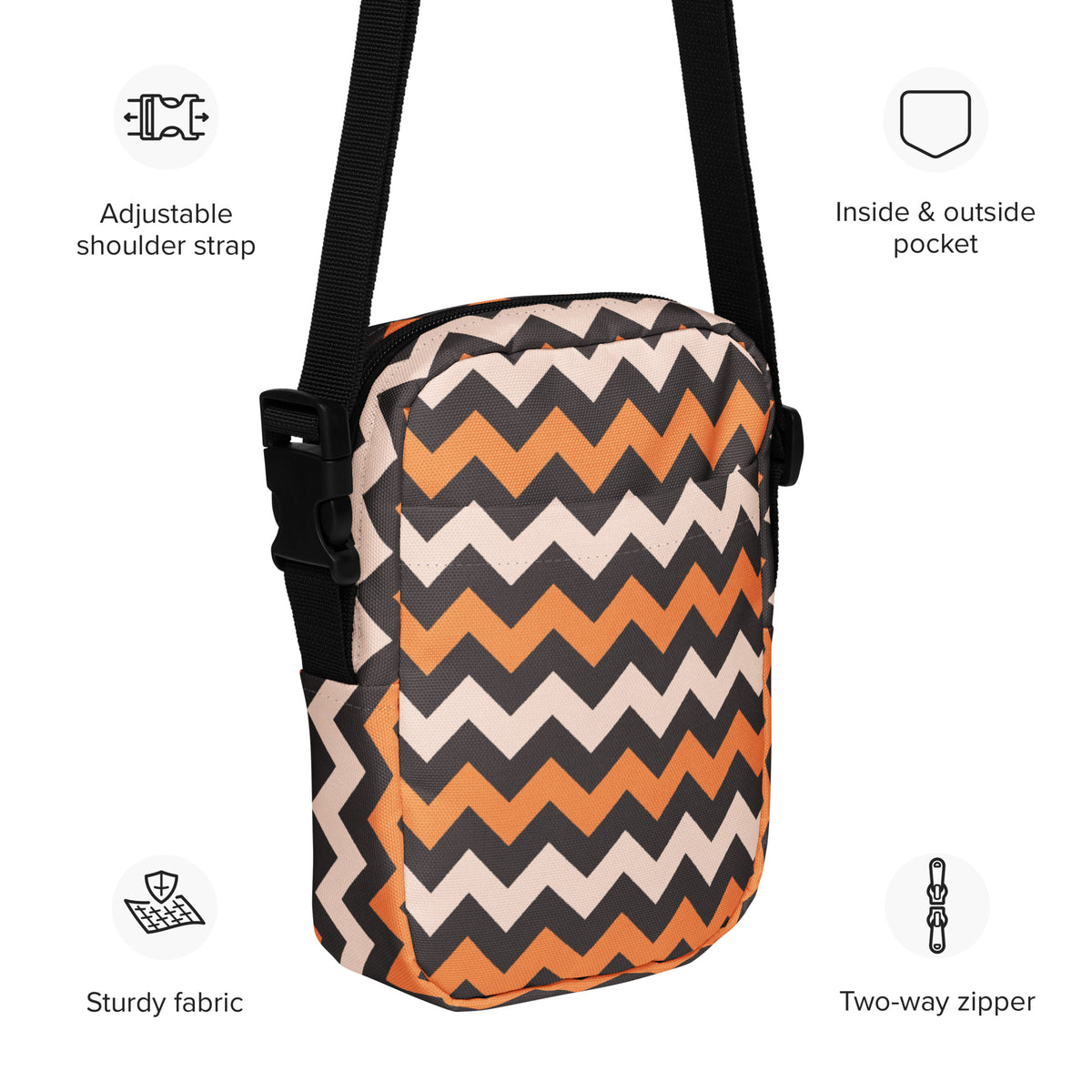 Orange & Cream Chevron Halloween Crossbody Bag – Water Resistant Mini Purse With Adjustable Strap & Pockets