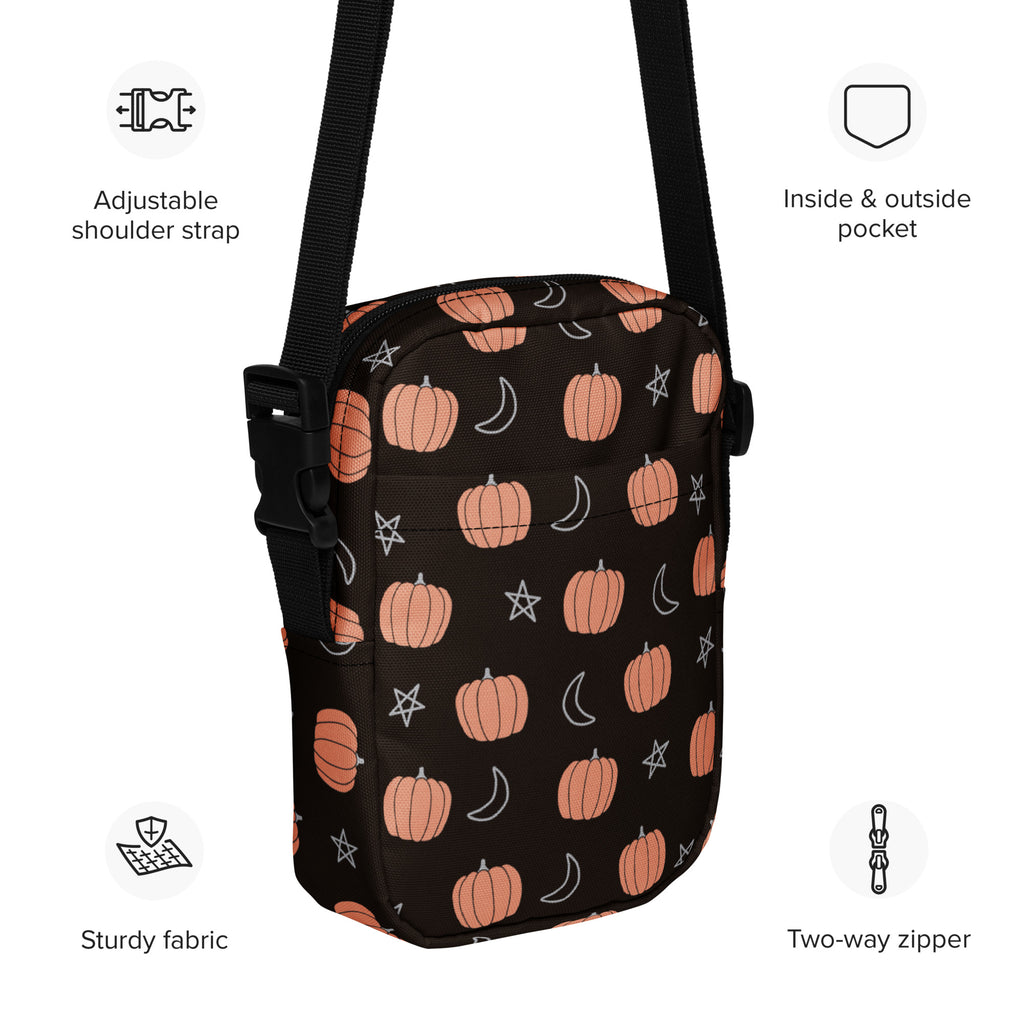 Pumpkin Moon & Stars Crossbody Bag – Water Resistant Mini Purse With Adjustable Strap & Pockets