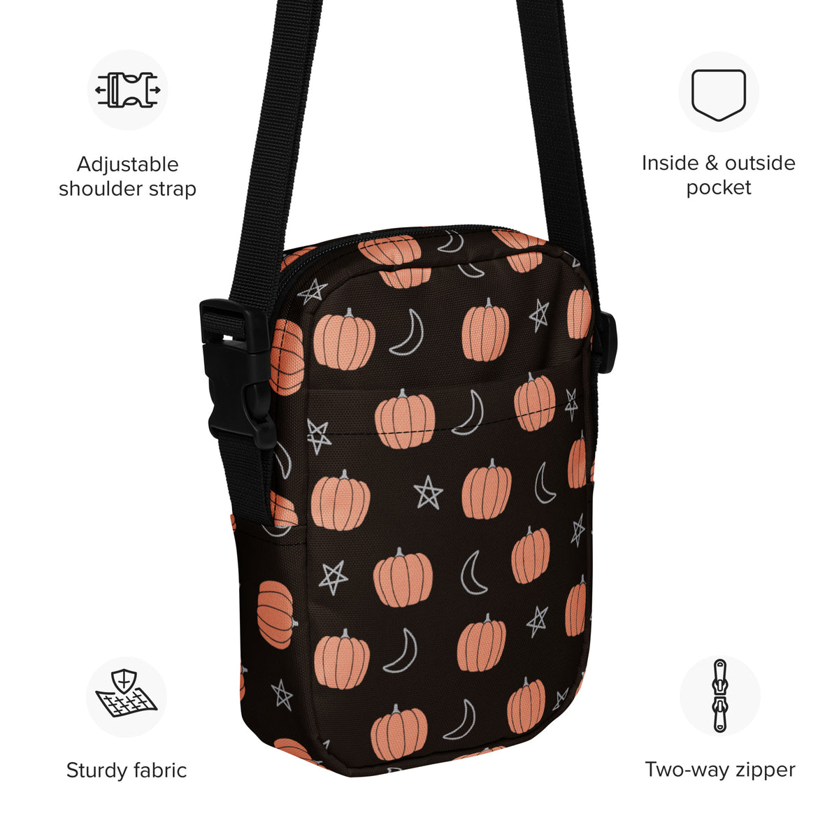 Pumpkin Moon & Stars Crossbody Bag – Water Resistant Mini Purse With Adjustable Strap & Pockets