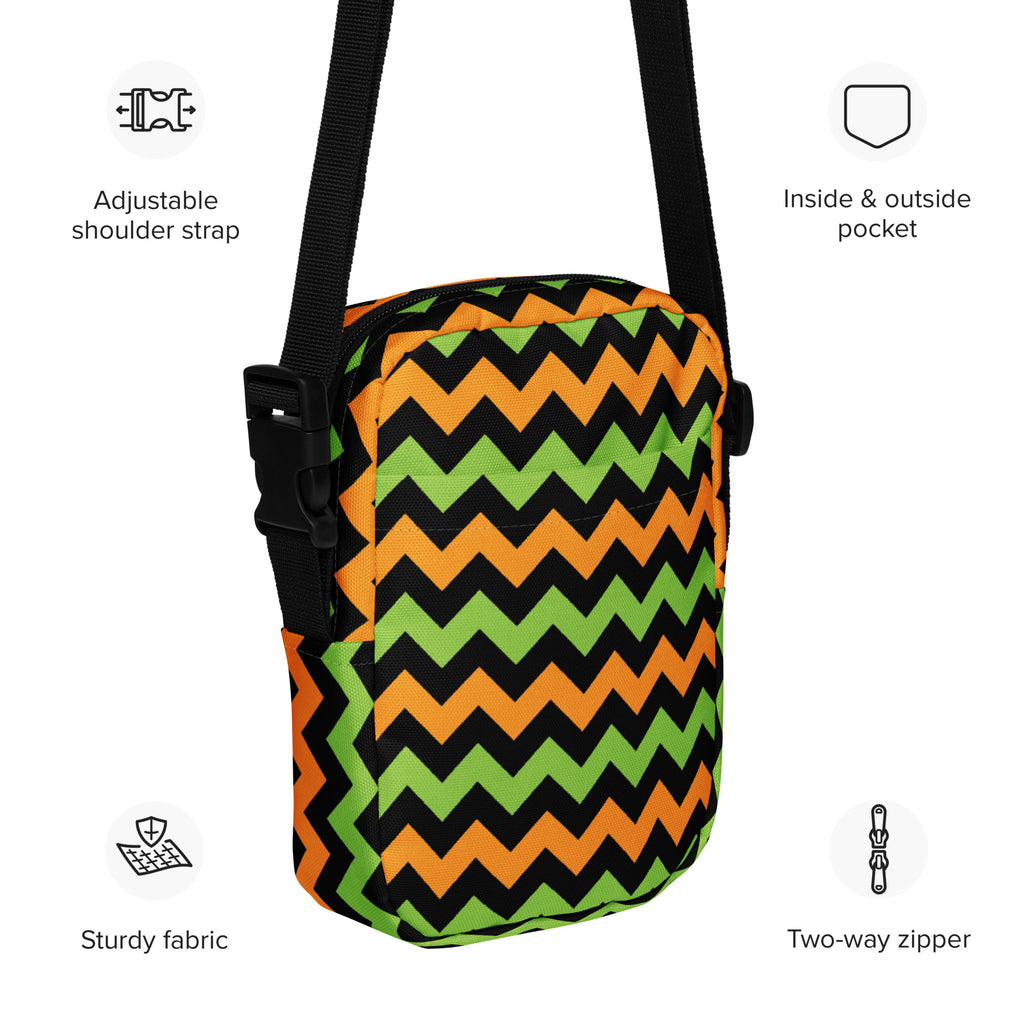 Girls Orange & Green Chevron Halloween Crossbody Bag – Water Resistant Mini Purse With Adjustable Strap & Pockets