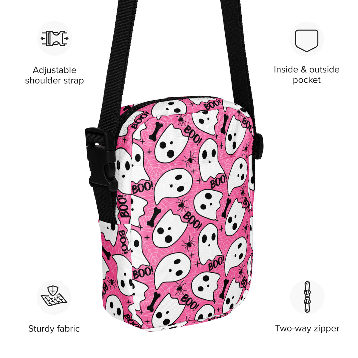 Girls Pink Ghosts & Spiderwebs Halloween Crossbody Bag – Water Resistant Mini Purse With Adjustable Strap & Pockets