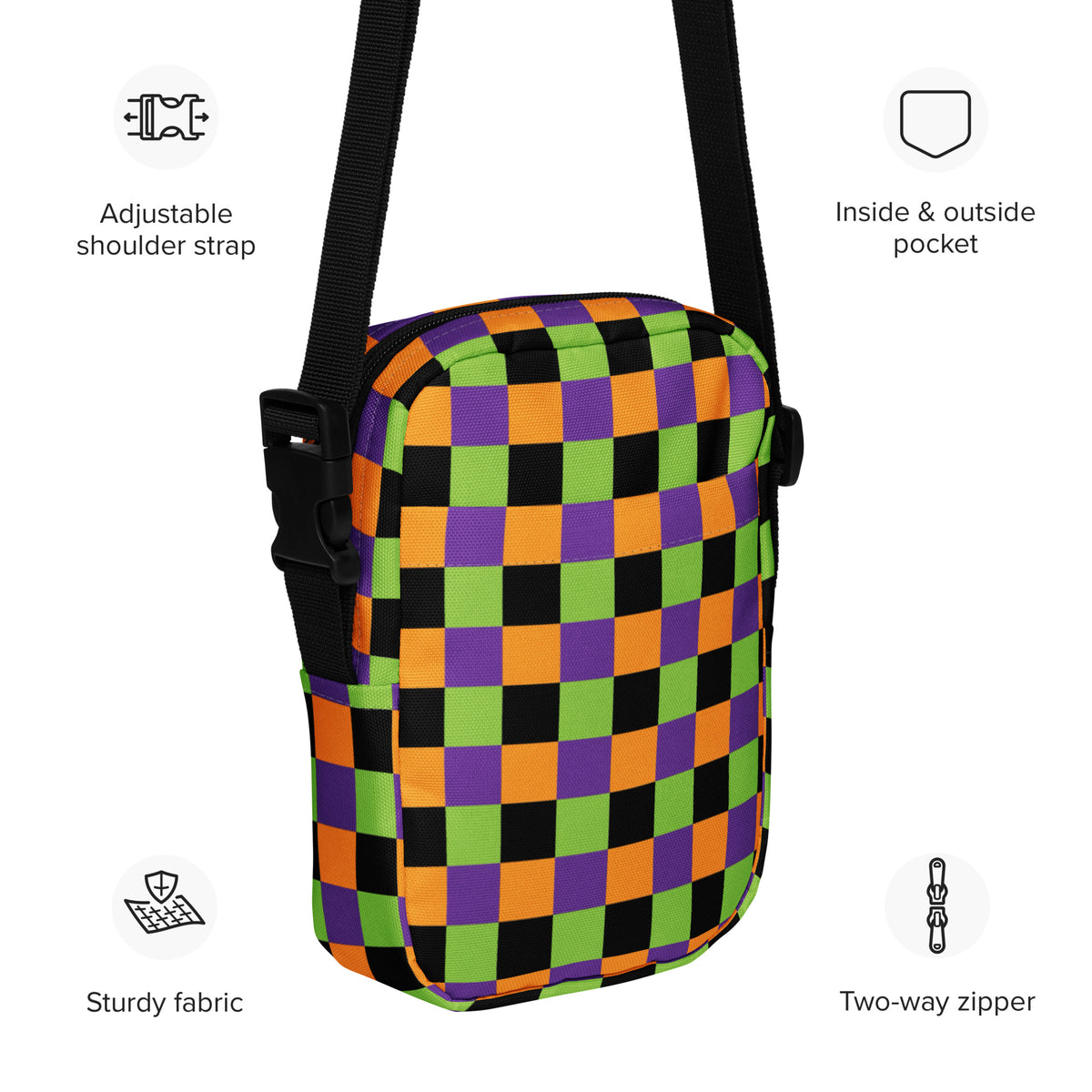 Halloween Checkerboard Crossbody Bag – Water Resistant Mini Purse With Adjustable Strap & Pockets