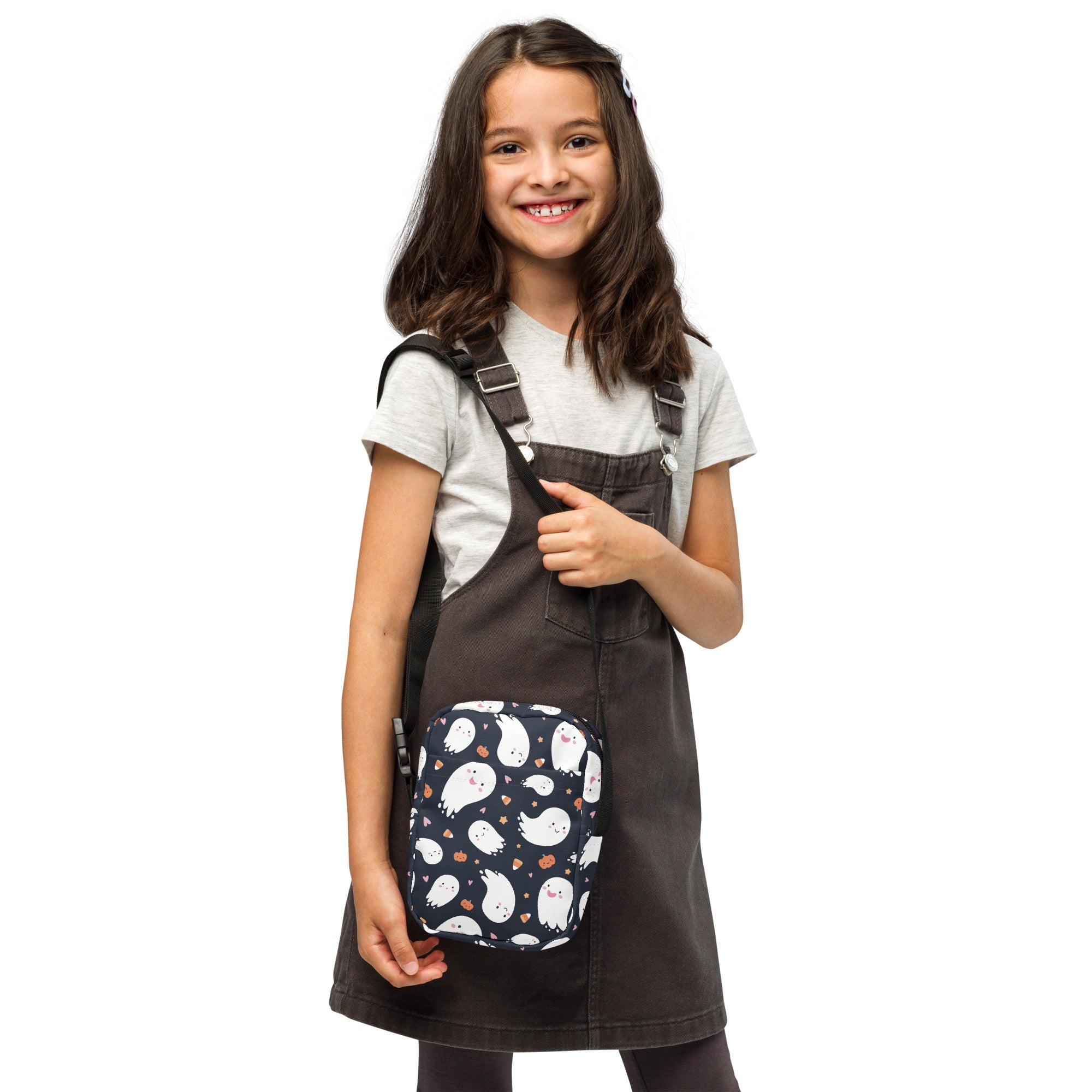 Dark gray denim overalls with a playful ghost-patterned front pocket featured in kids ghost halloween crossbody purse design