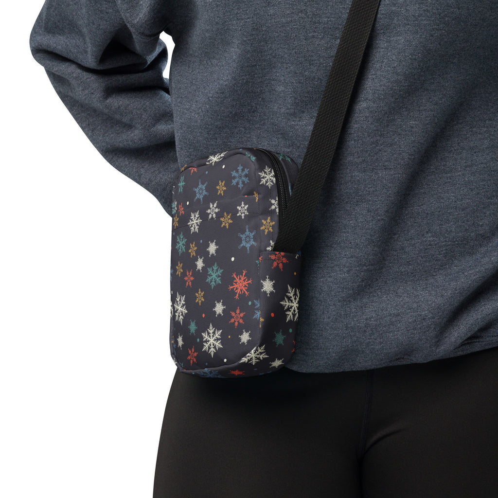 Black crossbody bag with colorful multicolored snowflake pattern for women perfect for everyday use
