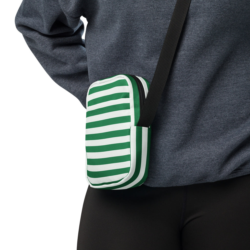 Green and white candy stripe rectangular crossbody purse with black strap for women perfect for Christmas use