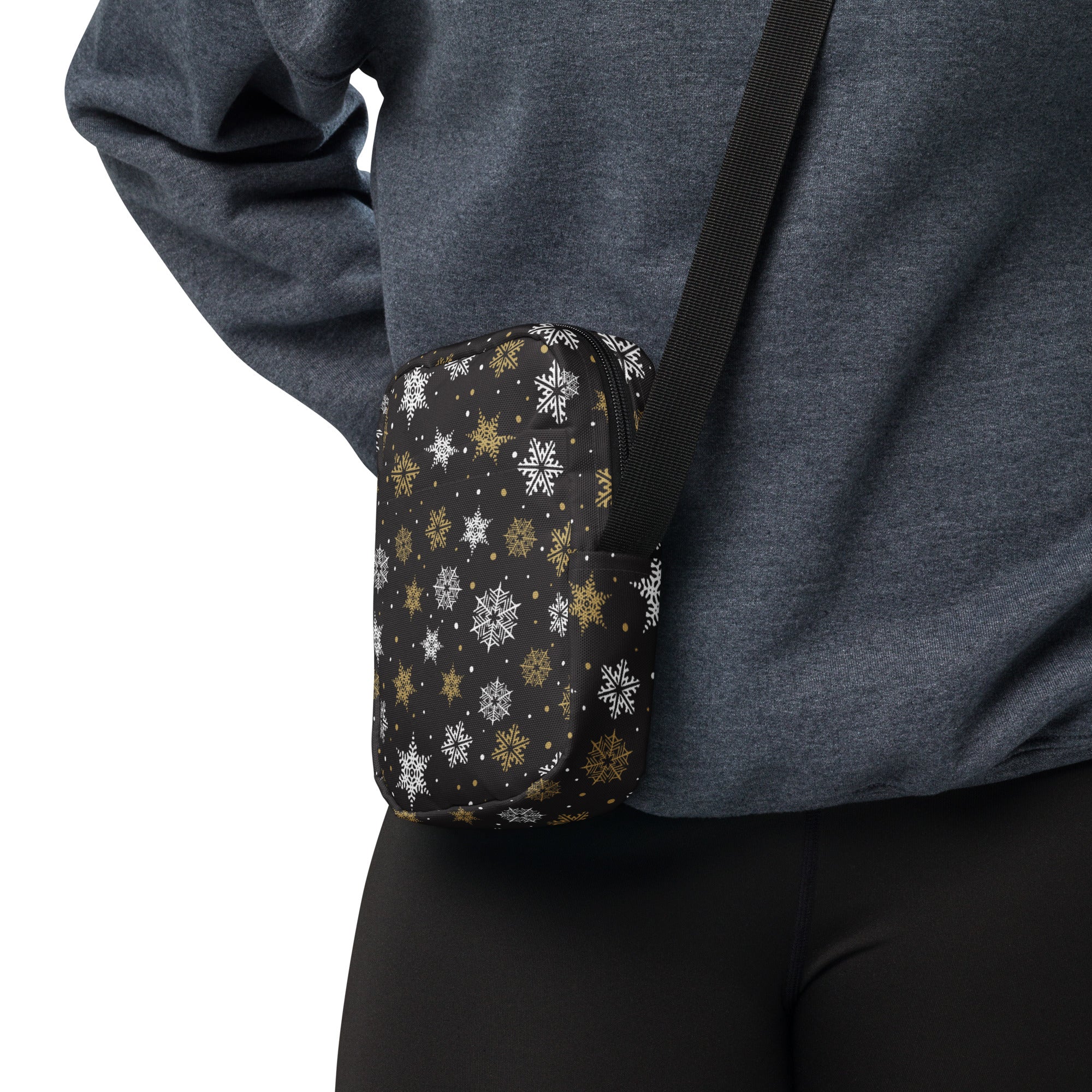 Black crossbody bag with white and gold snowflake pattern for winter women’s purse