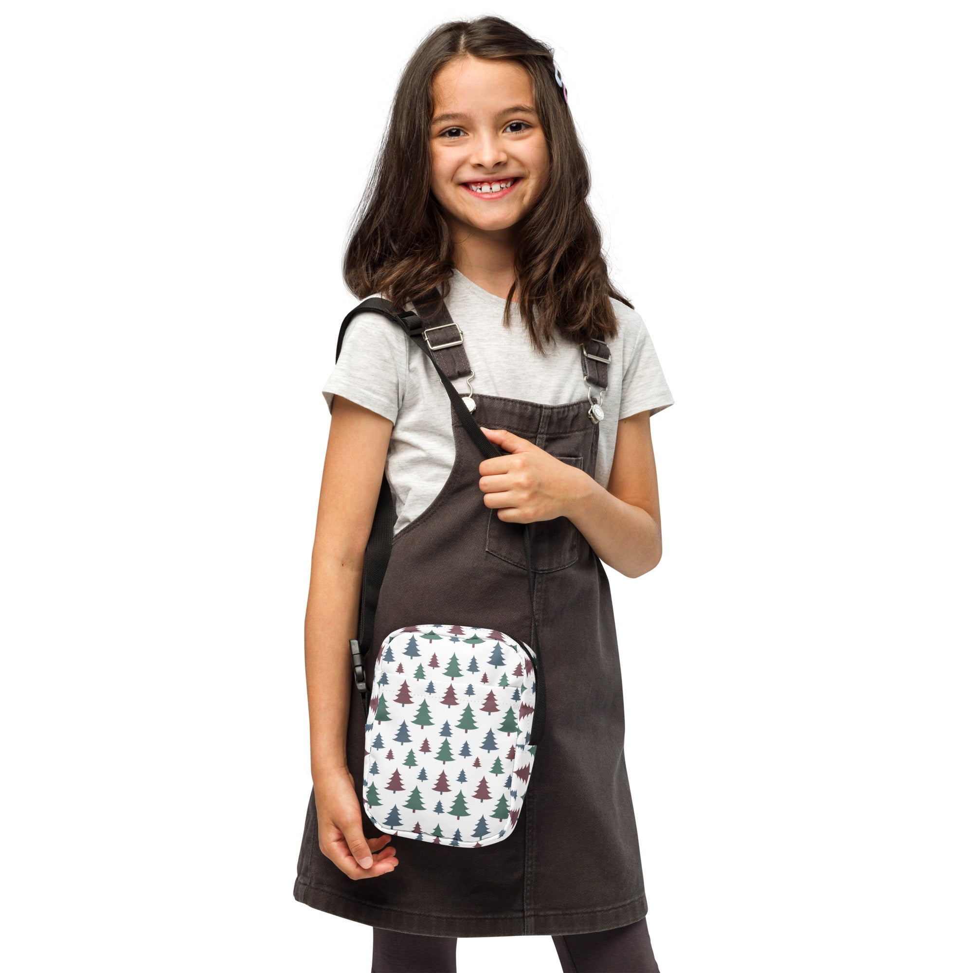 White crossbody bag with green and brown pastel Christmas tree pattern for girls with adjustable strap