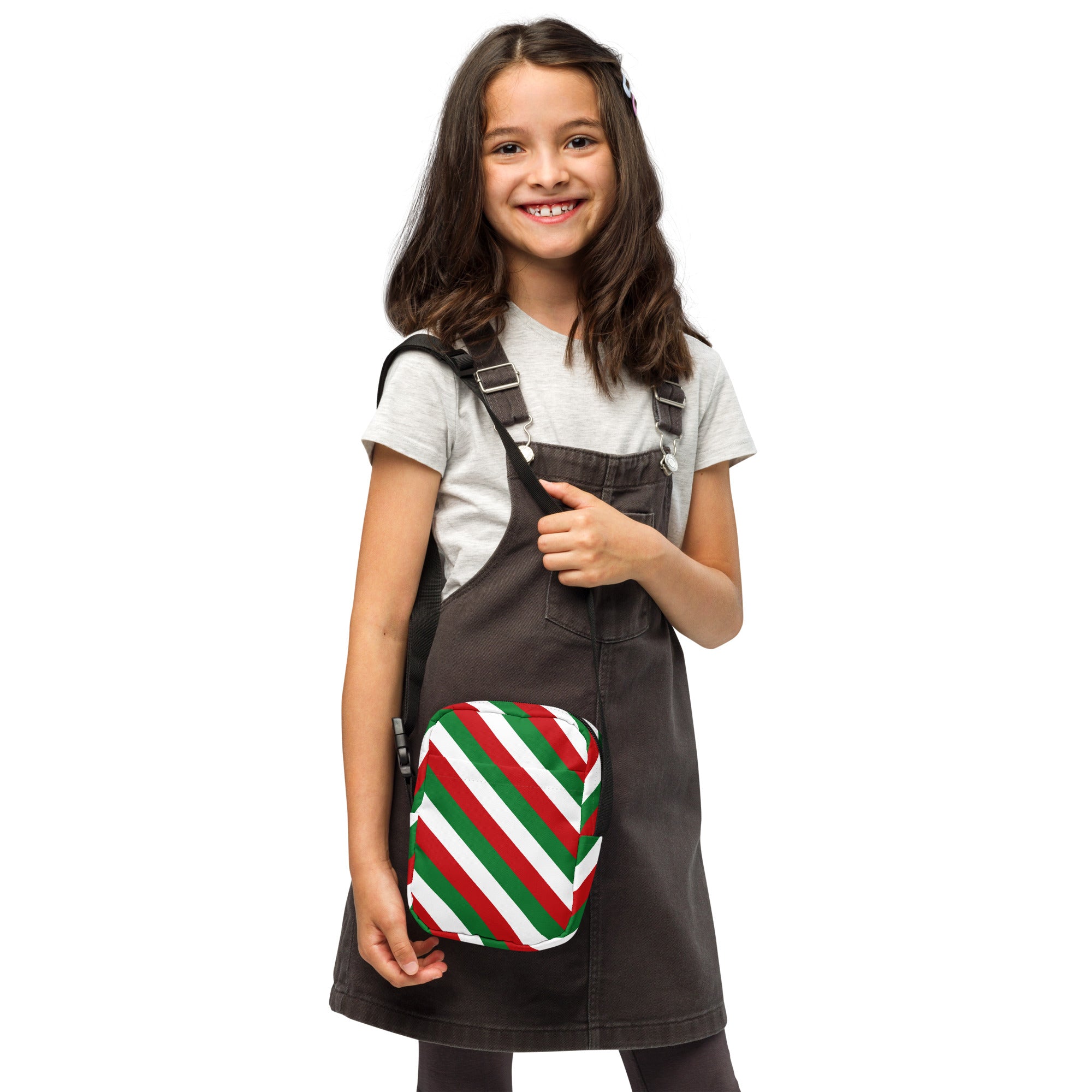 Girls red green and white stripes crossbody purse with festive candy cane diagonal stripe pattern