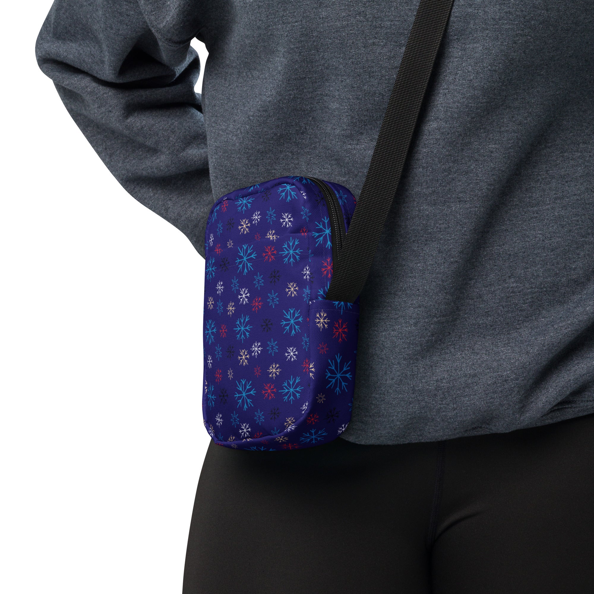 Christmas dark blue snowflake winter women’s crossbody purse with vibrant multicolored snowflake pattern
