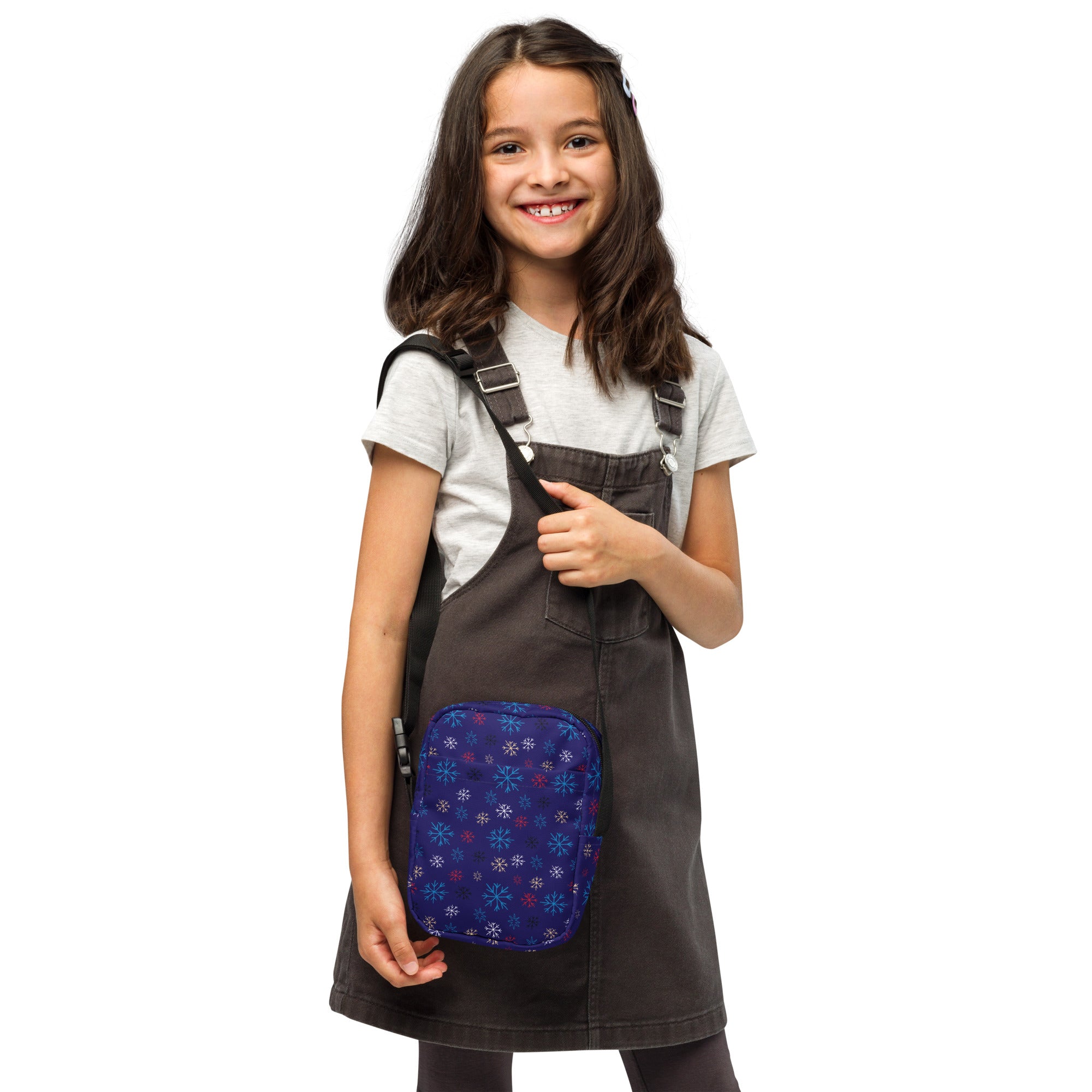 Girls navy multicolor snowflakes fabric crossbody purse with blue snowflake pattern and adjustable black straps
