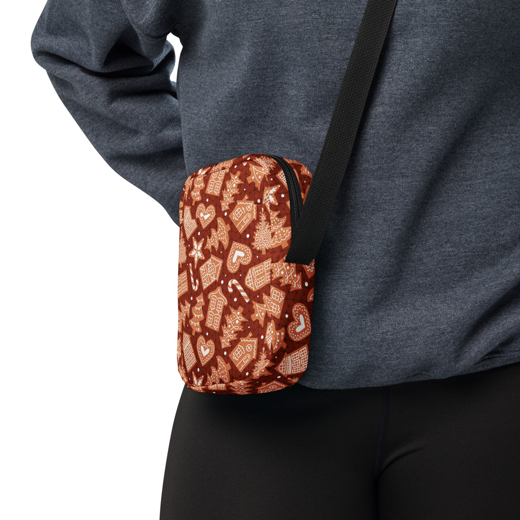 Red gingerbread Christmas women’s brown crossbody purse with festive gingerbread house and candy cane pattern