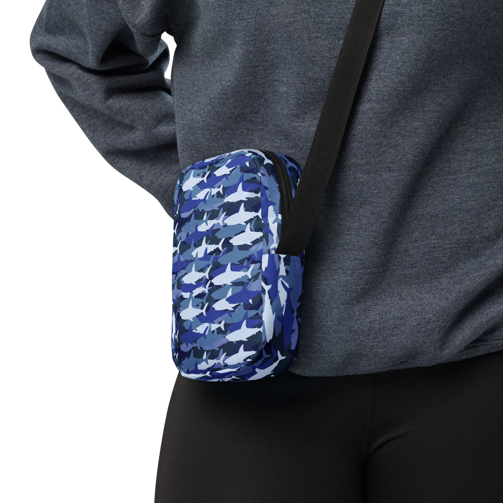 Blue Shark Camouflage Crossbody Bag – Water Resistant Mini Purse With Adjustable Strap & Pockets
