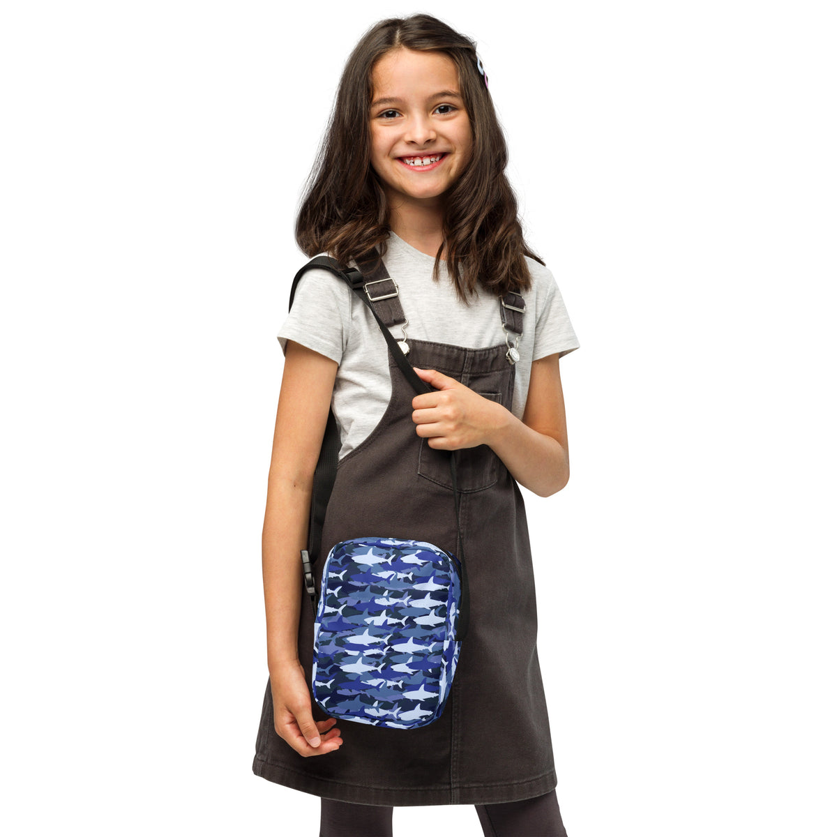Girls Blue Shark Camouflage Crossbody Bag – Water Resistant Mini Purse With Adjustable Strap & Pockets