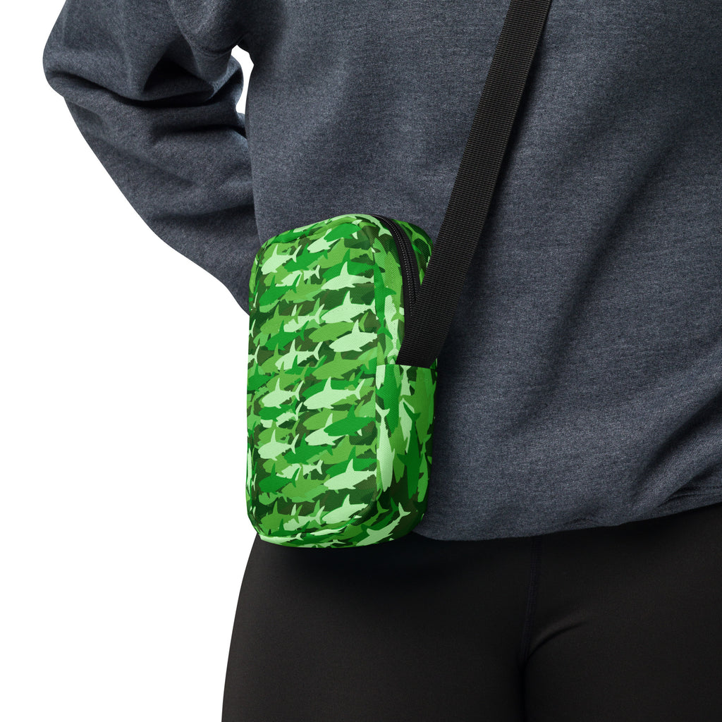 Green Shark Camouflage Crossbody Bag – Water Resistant Mini Purse With Adjustable Strap & Pockets