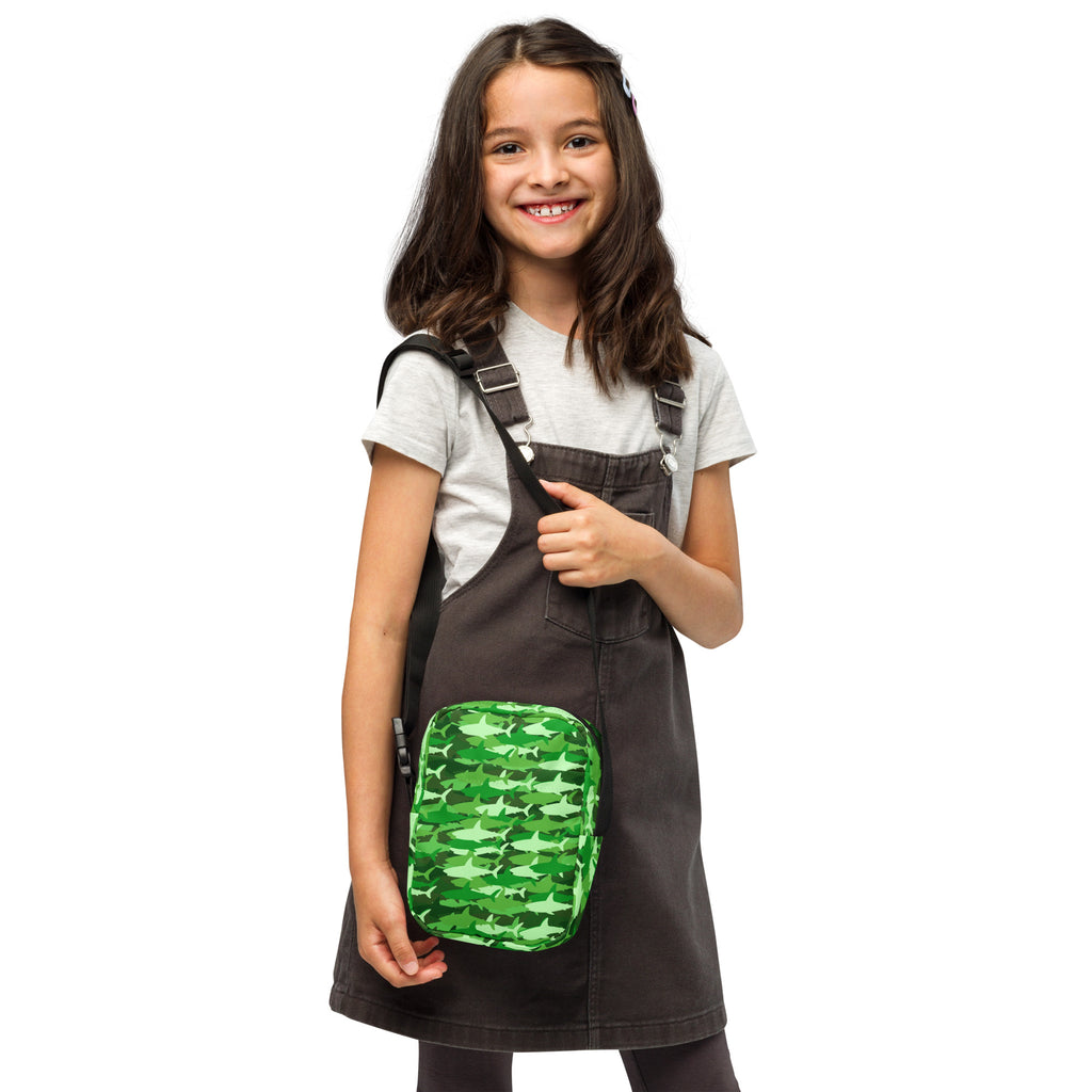 Girls Green Shark Camouflage Crossbody Bag – Water Resistant Mini Purse With Adjustable Strap & Pockets