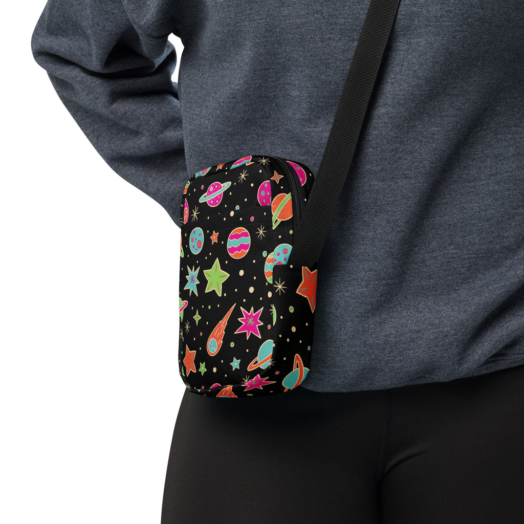 Vintage Neon Space Crossbody Bag – Water Resistant Mini Purse With Adjustable Strap & Pockets