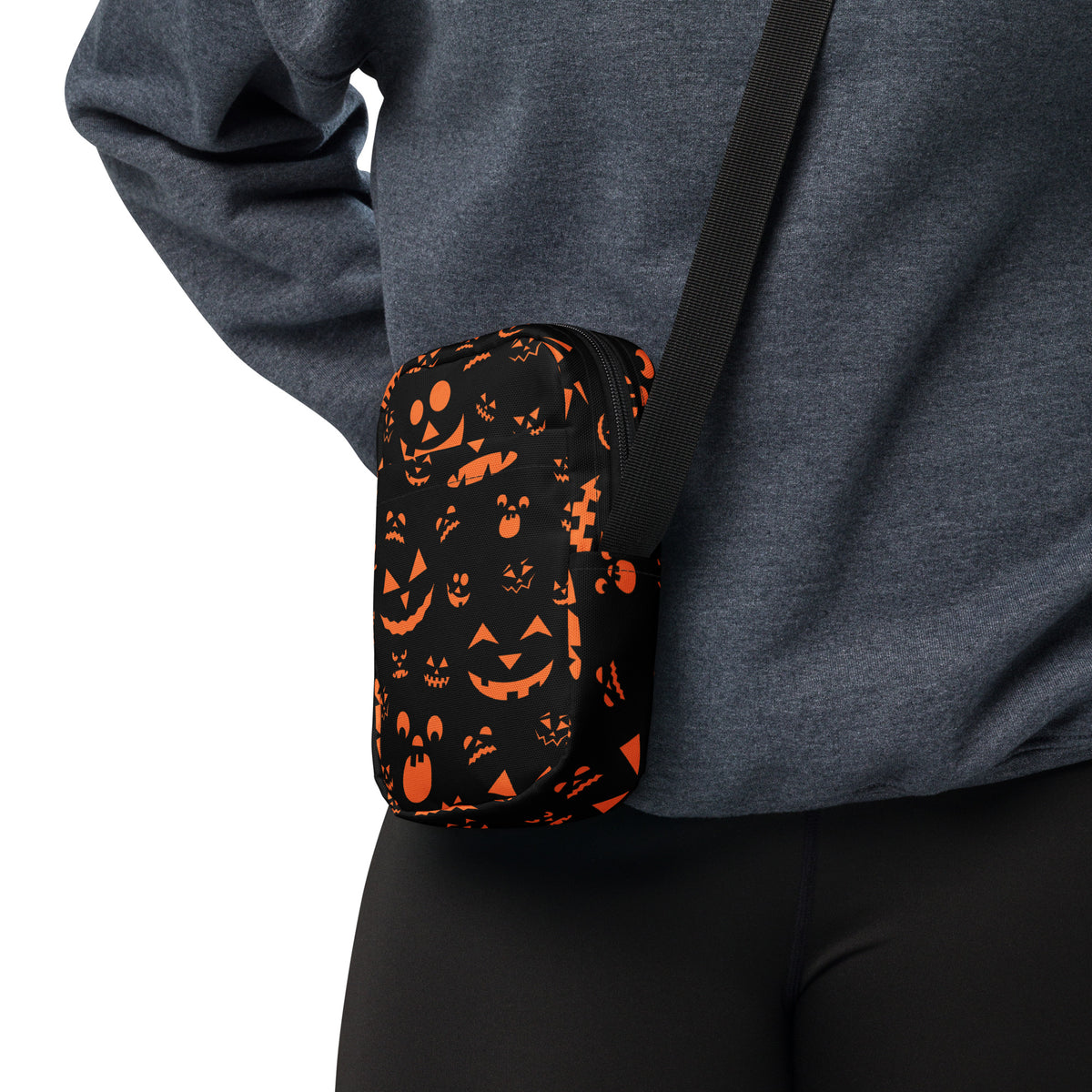 Orange Jack O Lantern Faces Halloween Crossbody Bag – Water Resistant Mini Purse With Adjustable Strap & Pockets