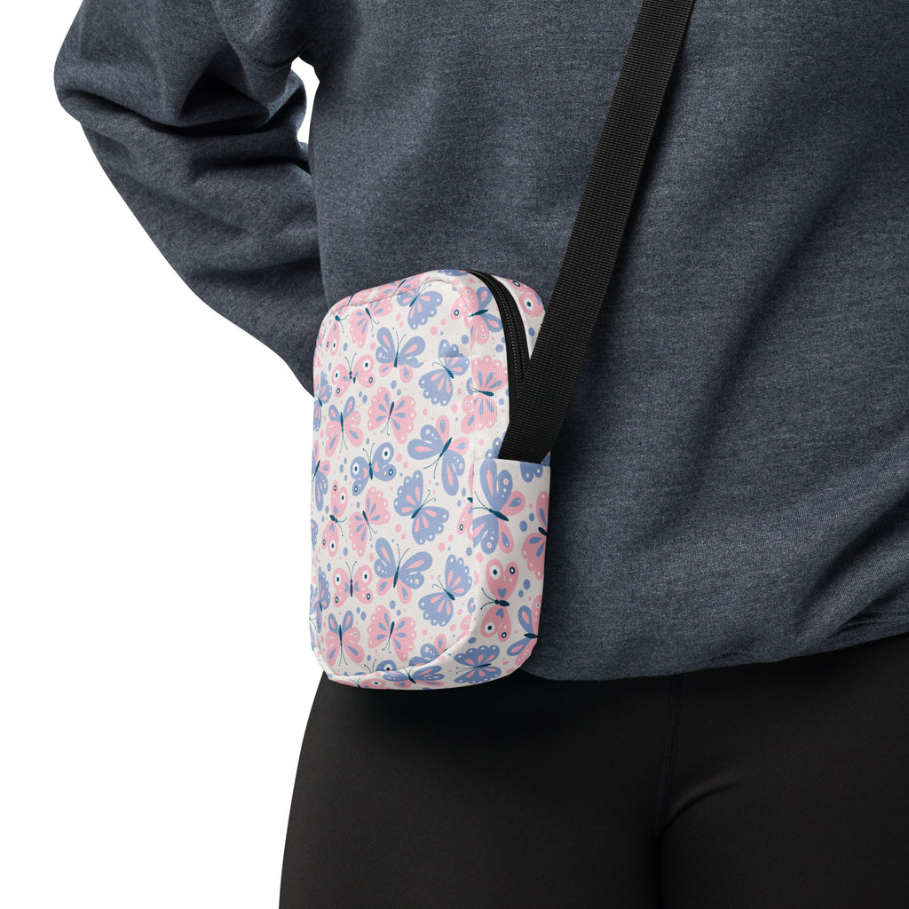 Pink & Purple Butterfly Crossbody Bag – Water Resistant Mini Purse With Adjustable Strap & Pockets