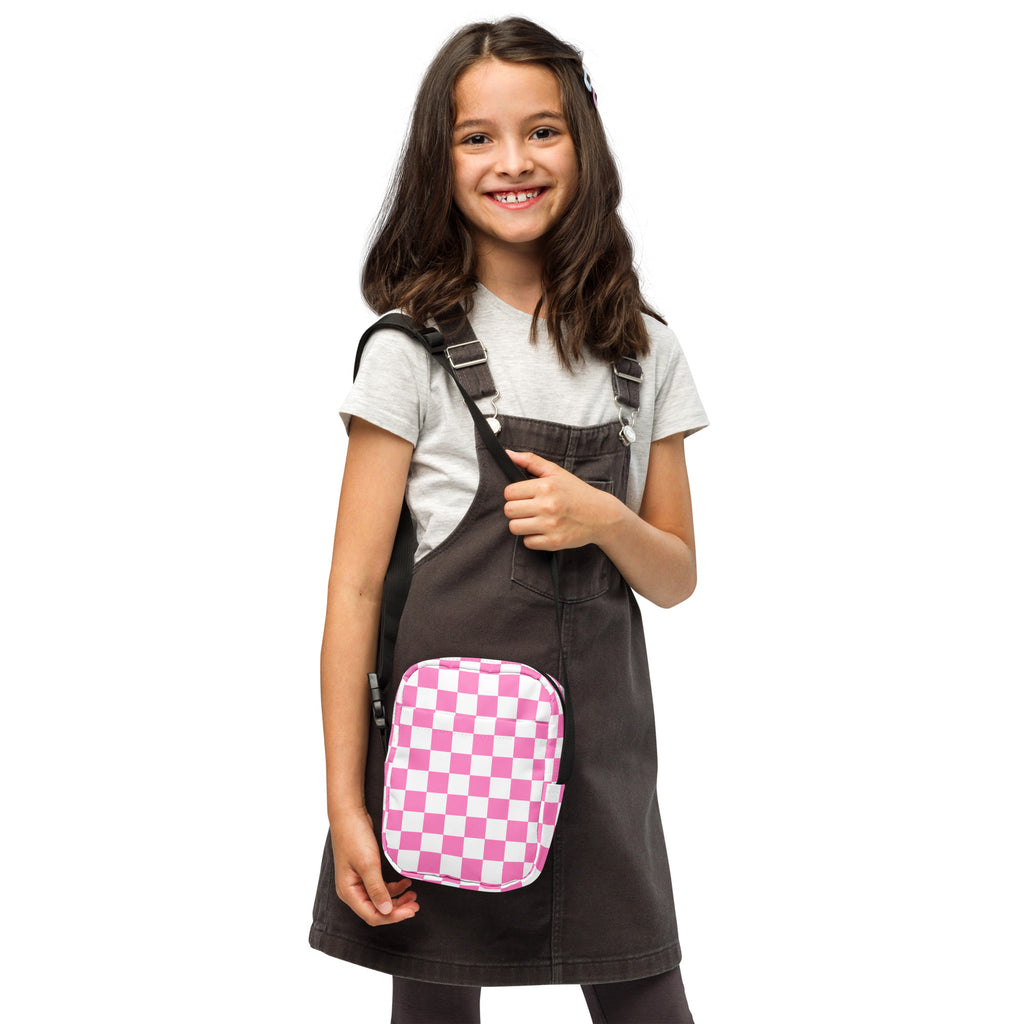 Girls Pink Checkered Crossbody Bag – Water Resistant Mini Purse With Adjustable Strap & Pockets