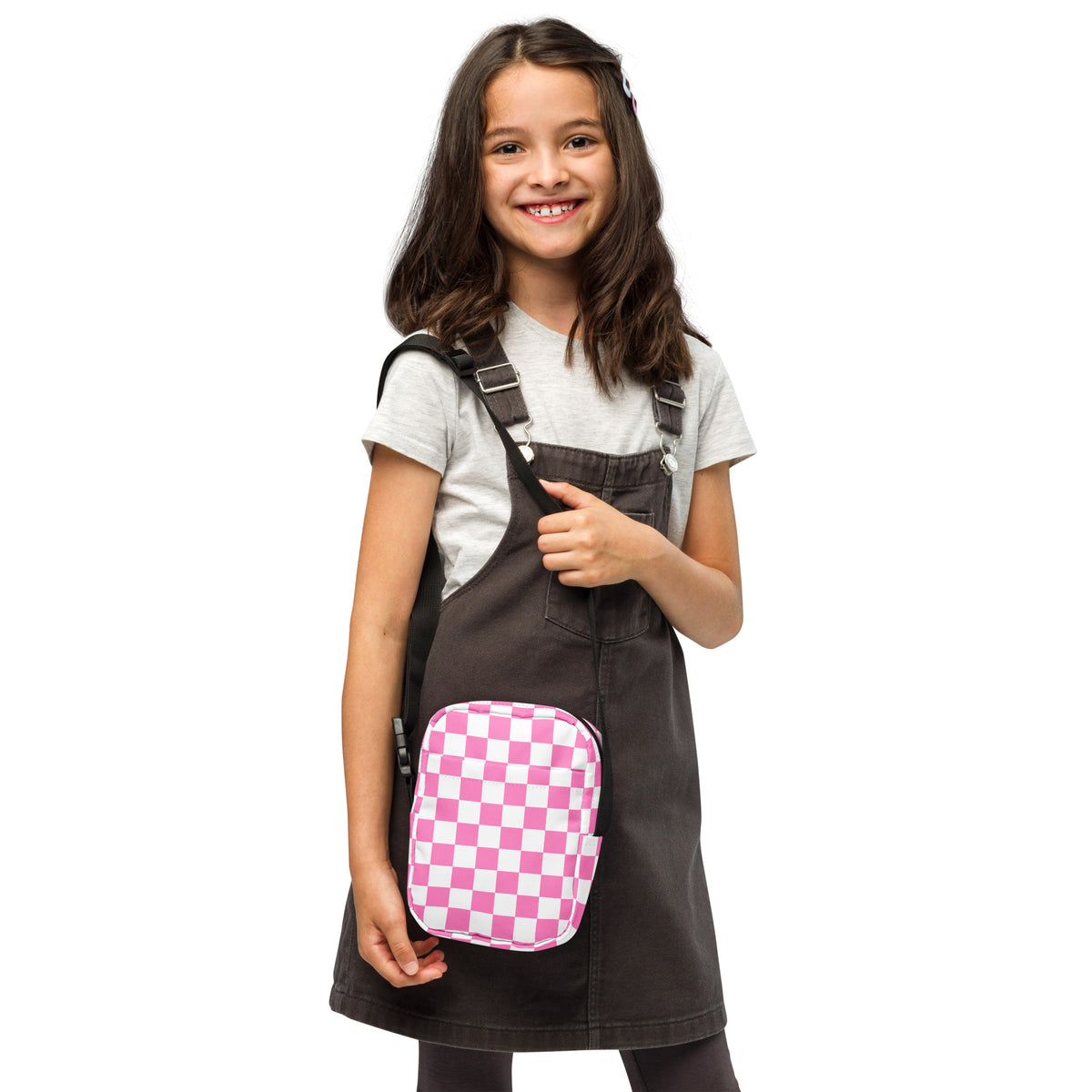 Girls Pink Checkered Crossbody Bag – Water Resistant Mini Purse With Adjustable Strap & Pockets