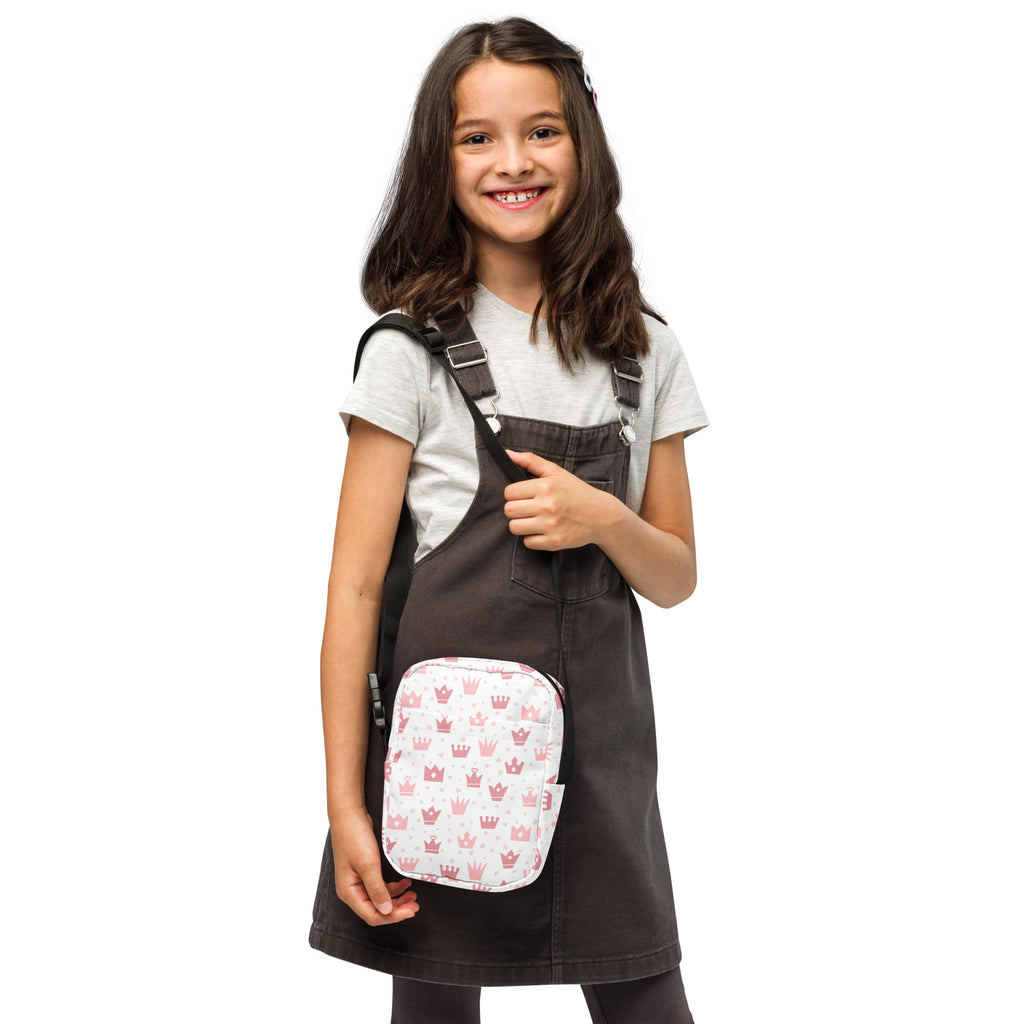 Girls Pink Crowns Crossbody Bag – Water Resistant Mini Purse With Adjustable Strap & Pockets