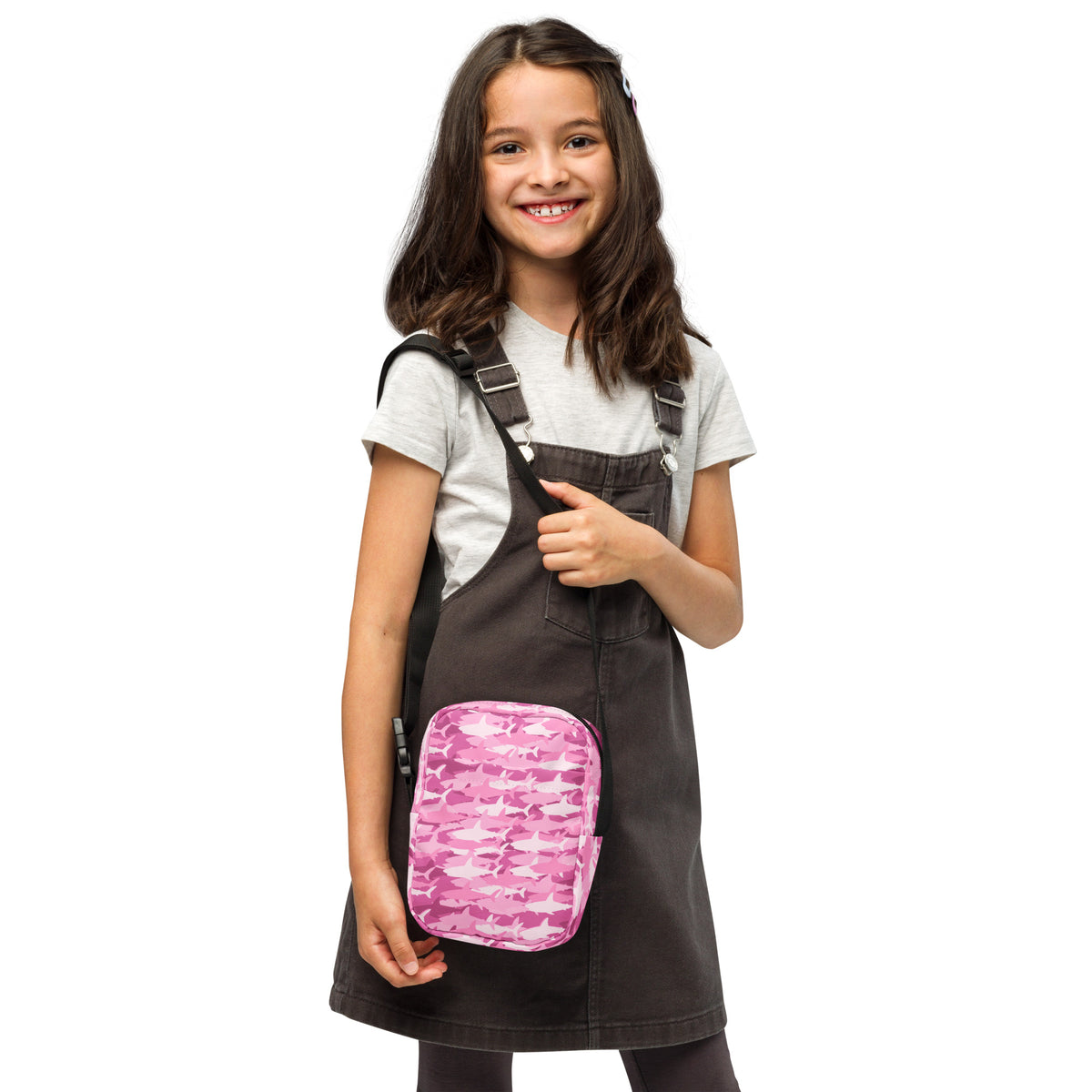 Girls Pink Shark Camouflage Crossbody Bag – Water Resistant Mini Purse With Adjustable Strap & Pockets