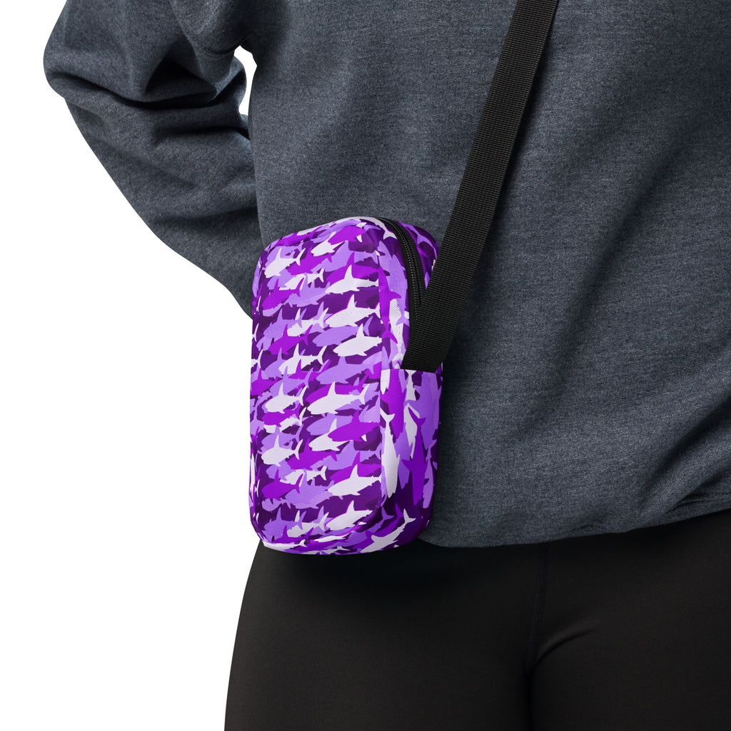 Purple Shark Camouflage Crossbody Bag – Water Resistant Mini Purse With Adjustable Strap & Pockets