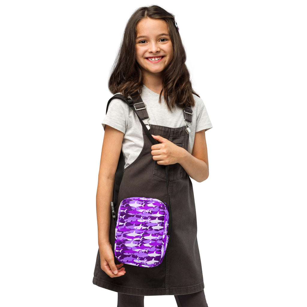 Girls Purple Shark Camouflage Crossbody Bag – Water Resistant Mini Purse With Adjustable Strap & Pockets