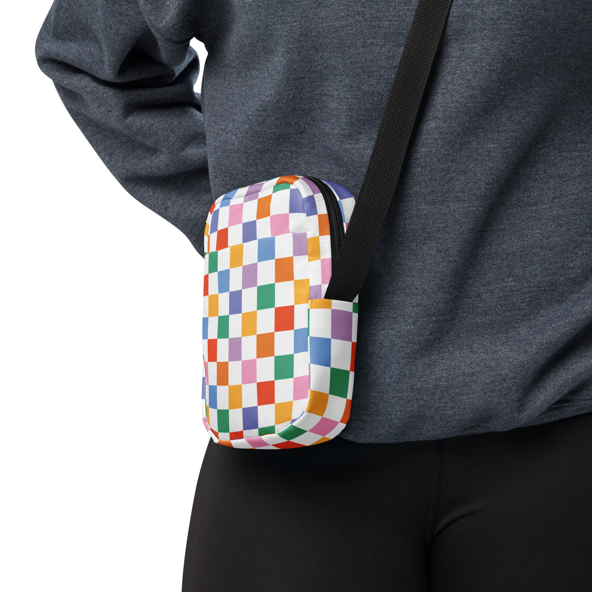 Rainbow Checkered Crossbody Bag – Water Resistant Mini Purse With Adjustable Strap & Pockets