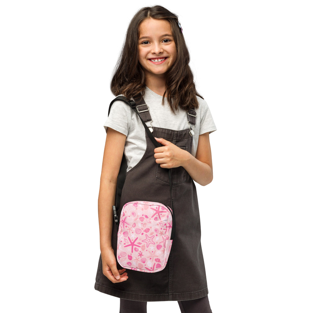 Girls Pink Starfish & Shells Crossbody Bag – Water Resistant Mini Purse With Adjustable Strap & Pockets