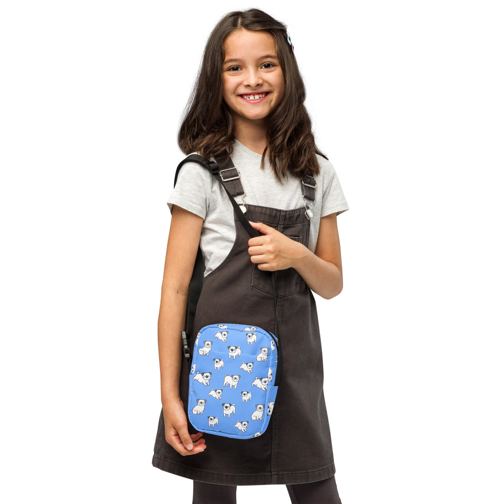 Girls Blue Pug Crossbody Bag – Water Resistant Mini Purse With Adjustable Strap & Pockets