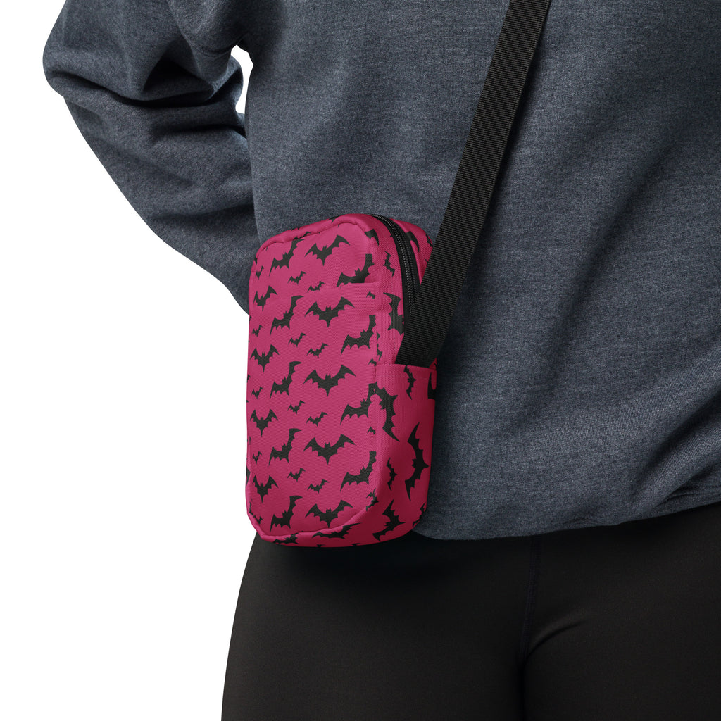 Pink Bats Halloween Crossbody Bag – Water Resistant Mini Purse With Adjustable Strap & Pockets
