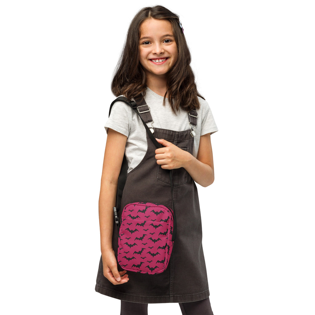 Girls Pink Bats Halloween Crossbody Bag – Water Resistant Mini Purse With Adjustable Strap & Pockets