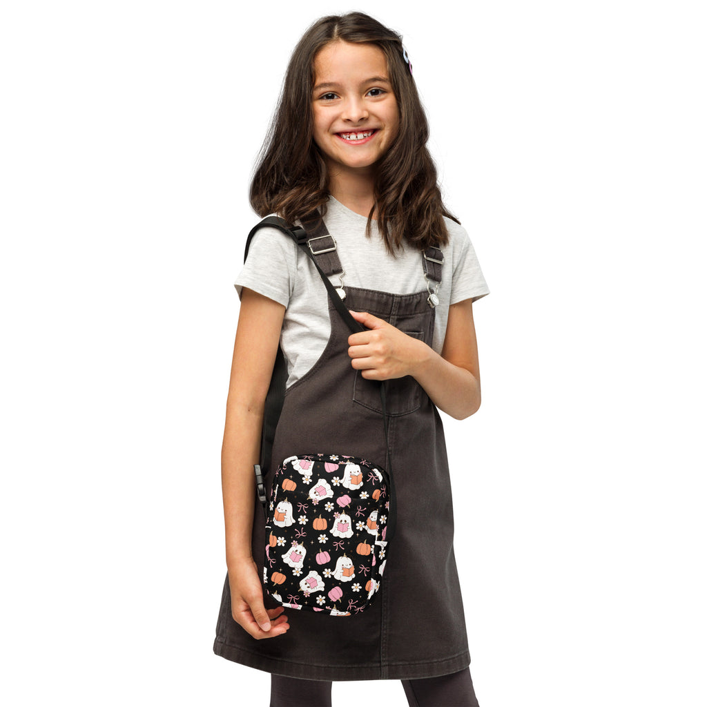Girls Reading Ghost Halloween Crossbody Bag – Water Resistant Mini Purse With Adjustable Strap & Pockets