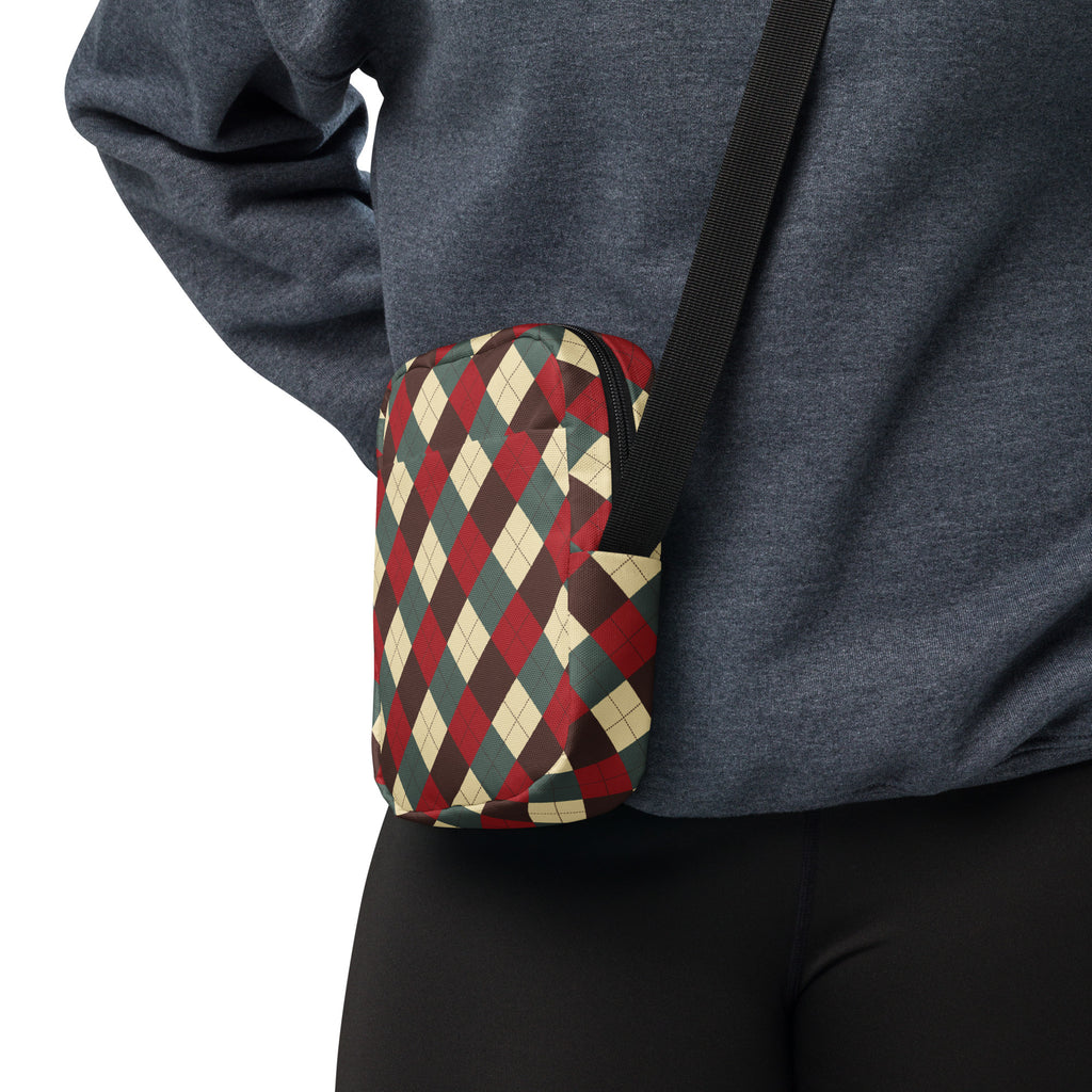 Vintage Christmas Argyle Crossbody Bag – Water Resistant Mini Purse With Adjustable Strap & Pockets