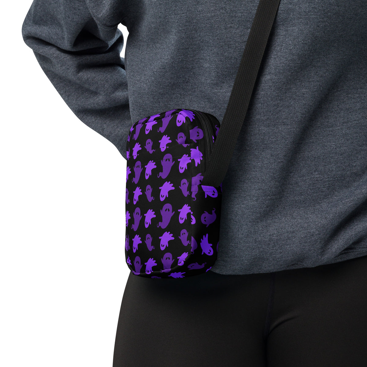 Purple Ghost Halloween Crossbody Bag – Water Resistant Mini Purse With Adjustable Strap & Pockets
