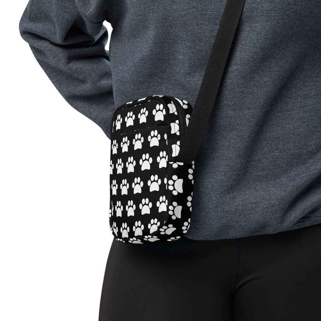 Black Paw Print Crossbody Bag – Water Resistant Mini Purse With Adjustable Strap & Pockets