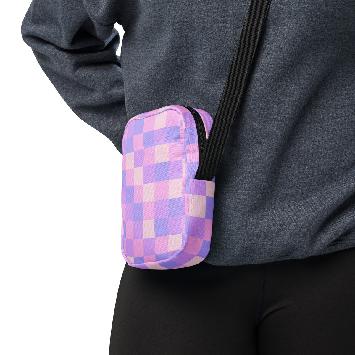 Pink & Purple Checkered Crossbody Bag – Water Resistant Mini Purse With Adjustable Strap & Pockets