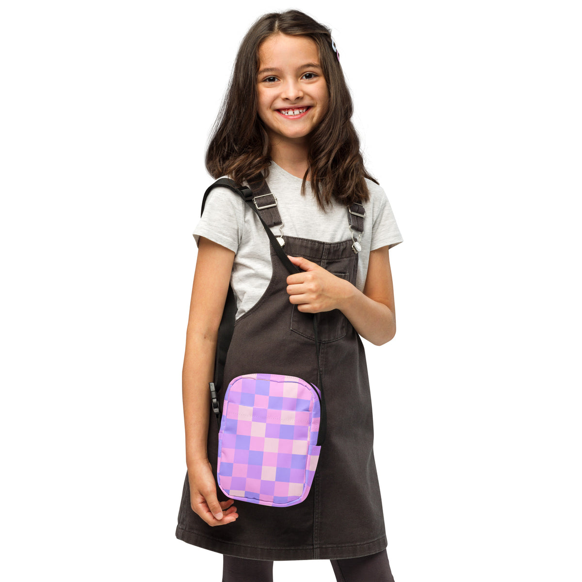 Girls Pink & Purple Checkered Crossbody Bag – Water Resistant Mini Purse With Adjustable Strap & Pockets