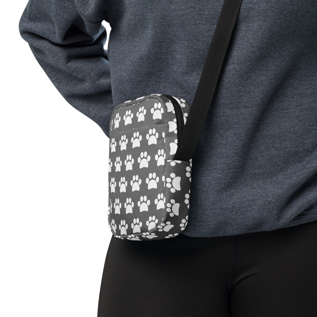 Gray Paw Print Crossbody Bag – Water Resistant Mini Purse With Adjustable Strap & Pockets