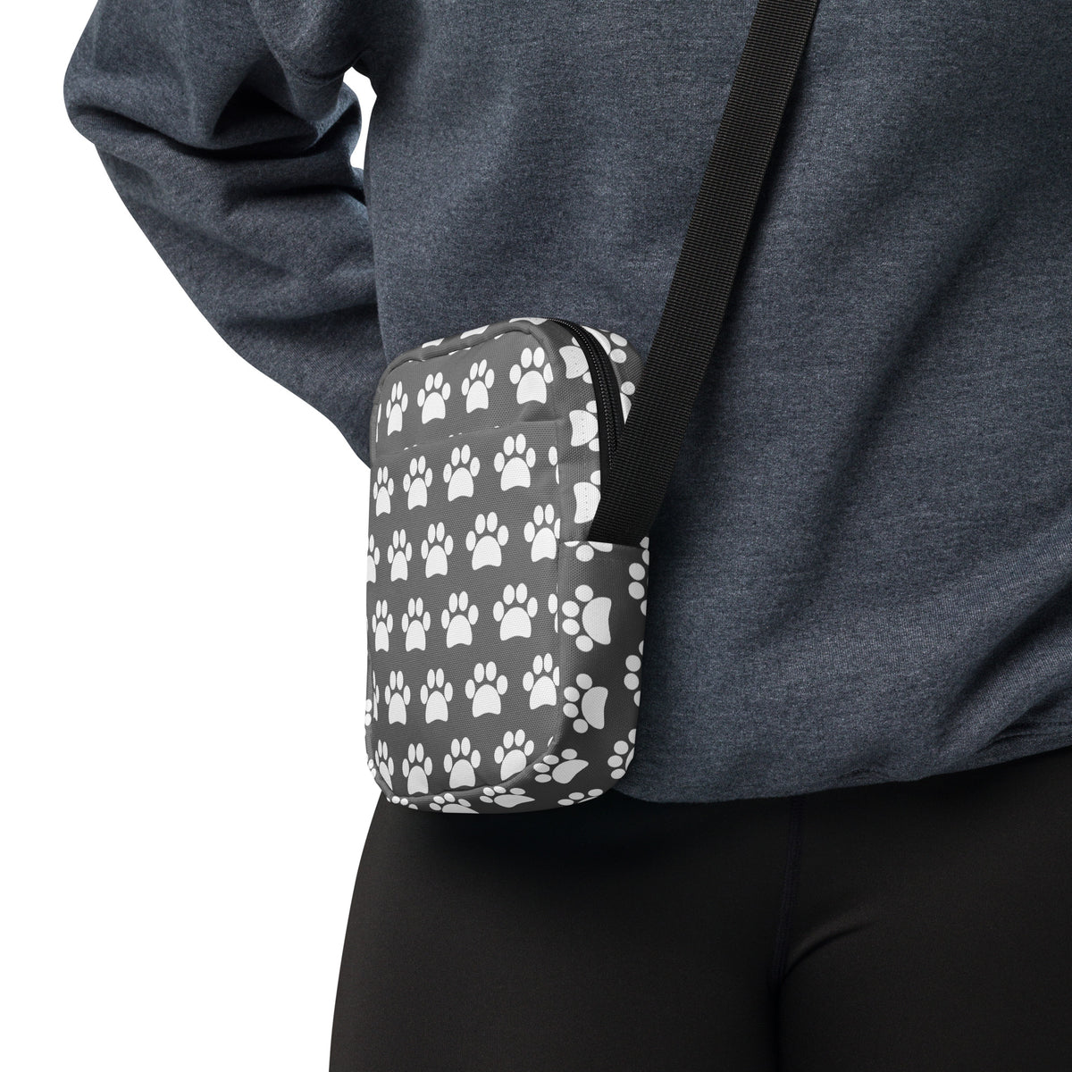 Gray Paw Print Crossbody Bag – Water Resistant Mini Purse With Adjustable Strap & Pockets