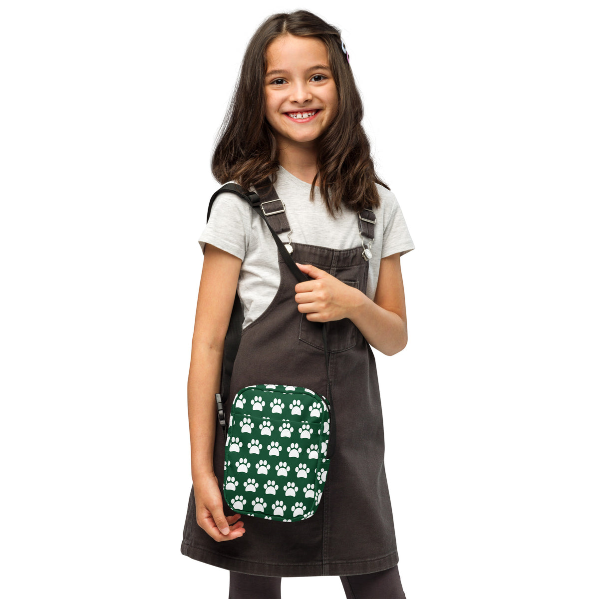 Girls Forest Green Paw Print Crossbody Bag – Water Resistant Mini Purse With Adjustable Strap & Pockets