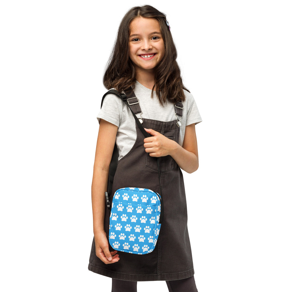 Girls Sky Blue Paw Print Crossbody Bag – Water Resistant Mini Purse With Adjustable Strap & Pockets