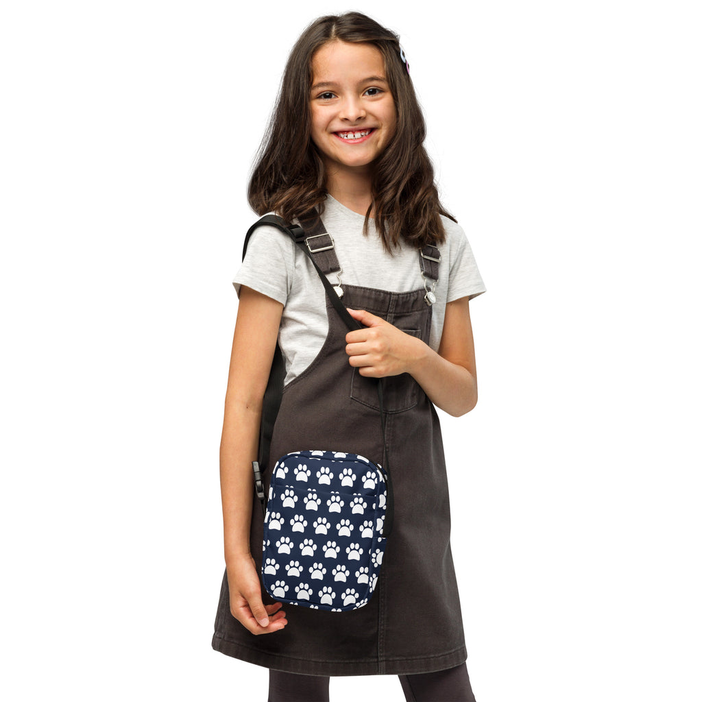 Girls Navy Blue Paw Print Crossbody Bag – Water Resistant Mini Purse With Adjustable Strap & Pockets