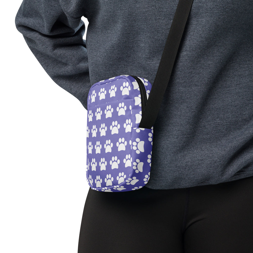 Purple Paw Print Crossbody Bag – Water Resistant Mini Purse With Adjustable Strap & Pockets