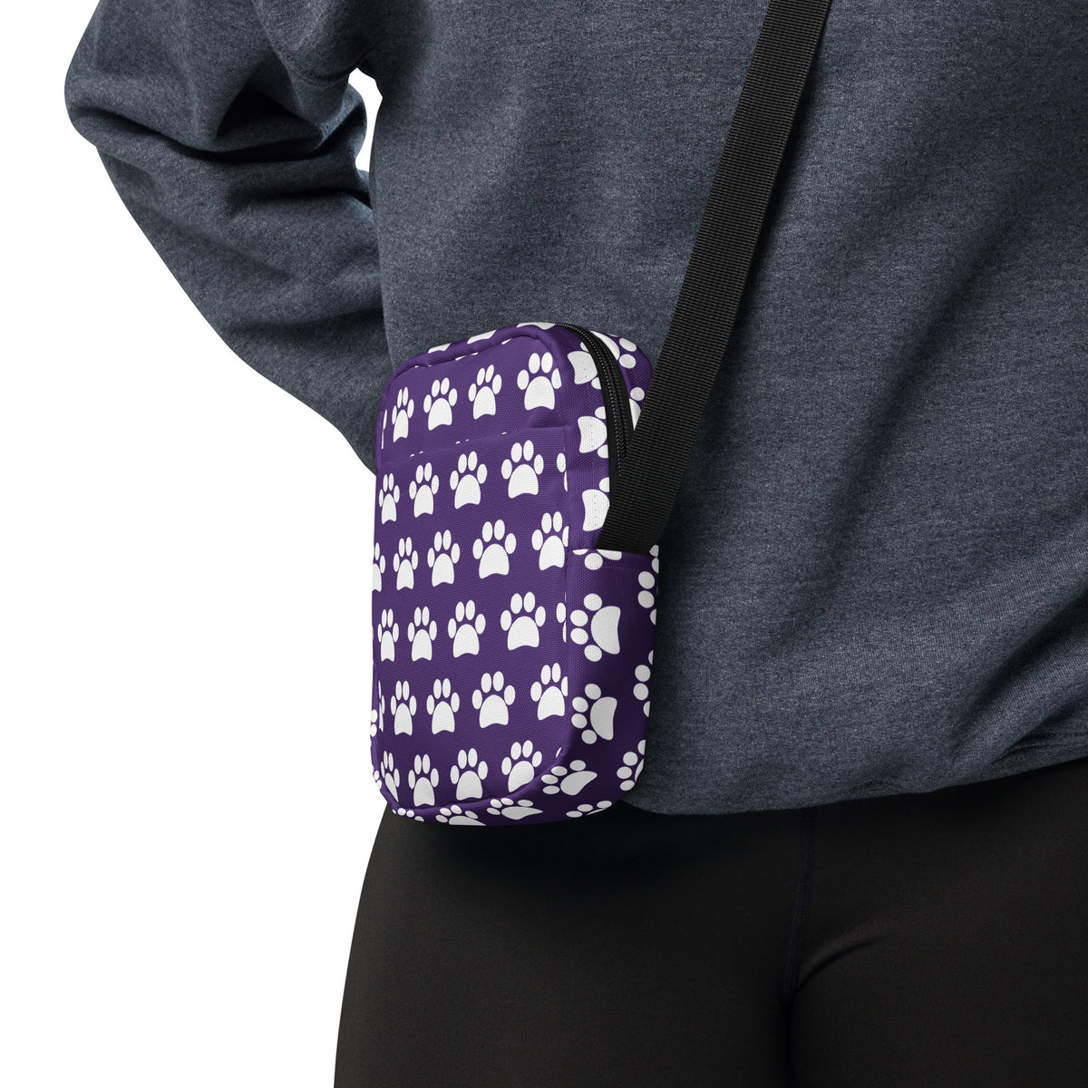 Dark Purple Paw Print Crossbody Bag – Water Resistant Mini Purse With Adjustable Strap & Pockets