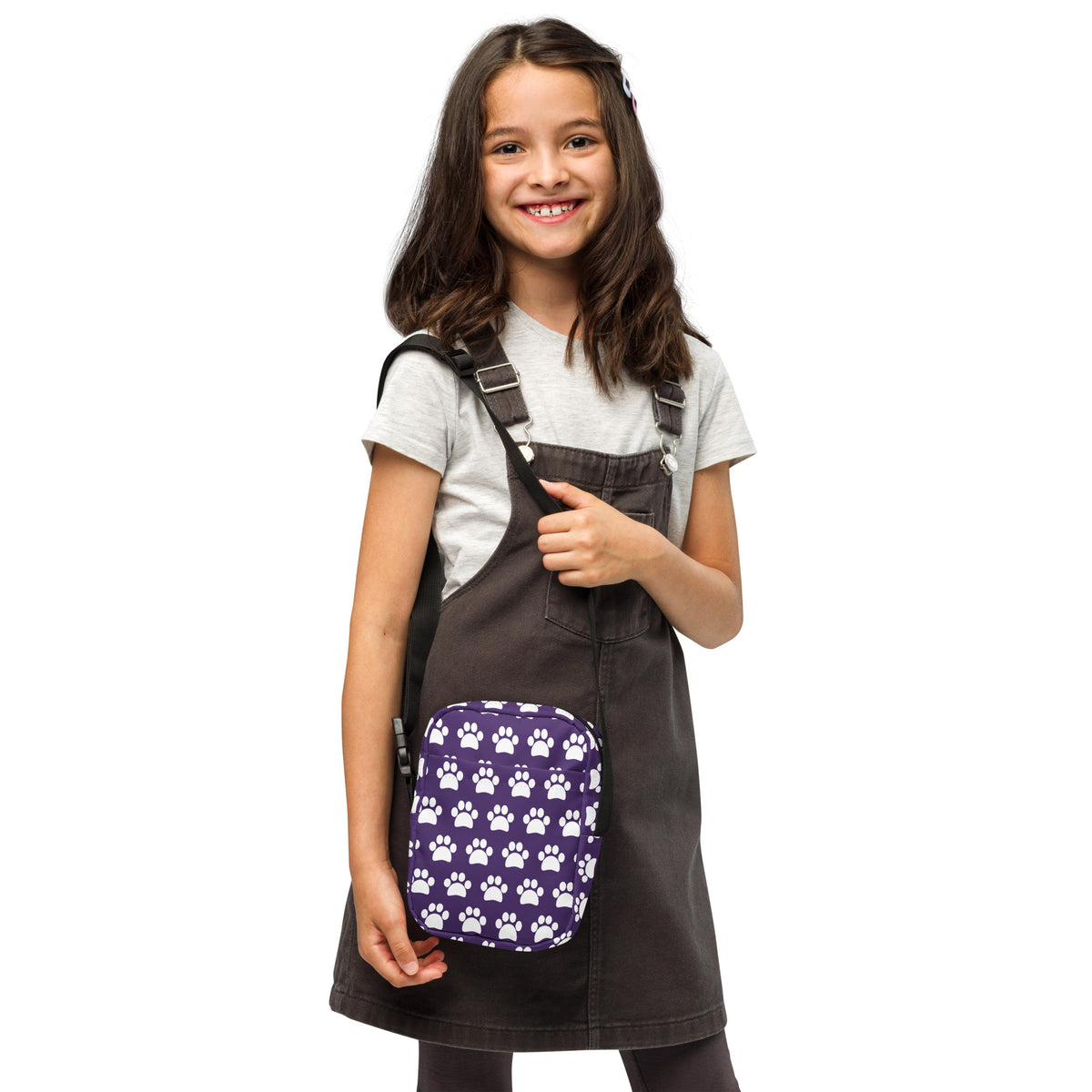 Girls Dark Purple Paw Print Crossbody Bag – Water Resistant Mini Purse With Adjustable Strap & Pockets