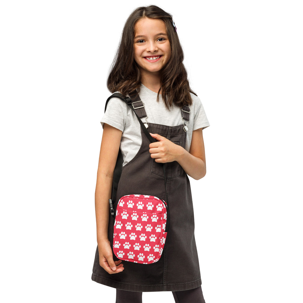 Girls Bright Pink Paw Print Crossbody Bag – Water Resistant Mini Purse With Adjustable Strap & Pockets